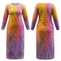 Hawaiian Turtles and Leis Family Matching Long Sleeve Bodycon Dress and Hawaiian Shirt Tribal Kakau Pattern Magical Rainbow Sky LT03 Mom's Dress Multicolor - Polynesian Pride