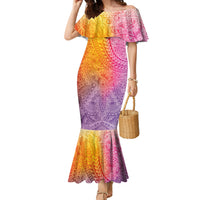 Hawaiian Turtles and Leis Family Matching Mermaid Dress and Hawaiian Shirt Tribal Kakau Pattern Magical Rainbow Sky LT03 Mom's Dress Multicolor - Polynesian Pride