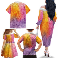 Hawaiian Turtles and Leis Family Matching Off The Shoulder Long Sleeve Dress and Hawaiian Shirt Tribal Kakau Pattern Magical Rainbow Sky LT03 - Polynesian Pride