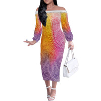 Hawaiian Turtles and Leis Family Matching Off The Shoulder Long Sleeve Dress and Hawaiian Shirt Tribal Kakau Pattern Magical Rainbow Sky LT03 Mom's Dress Multicolor - Polynesian Pride