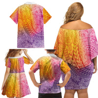 Hawaiian Turtles and Leis Family Matching Off Shoulder Short Dress and Hawaiian Shirt Tribal Kakau Pattern Magical Rainbow Sky LT03 - Polynesian Pride