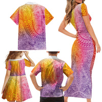 Hawaiian Turtles and Leis Family Matching Short Sleeve Bodycon Dress and Hawaiian Shirt Tribal Kakau Pattern Magical Rainbow Sky LT03 - Polynesian Pride