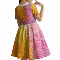 Hawaiian Turtles and Leis Kid Short Sleeve Dress Tribal Kakau Pattern Magical Rainbow Sky LT03 - Polynesian Pride
