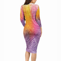 Hawaiian Turtles and Leis Long Sleeve Bodycon Dress Tribal Kakau Pattern Magical Rainbow Sky LT03 - Polynesian Pride
