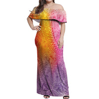 Hawaiian Turtles and Leis Off Shoulder Maxi Dress Tribal Kakau Pattern Magical Rainbow Sky LT03 Women Multicolor - Polynesian Pride
