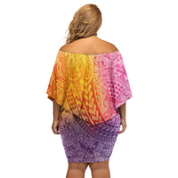 Hawaiian Turtles and Leis Off Shoulder Short Dress Tribal Kakau Pattern Magical Rainbow Sky LT03 - Polynesian Pride
