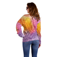 Hawaiian Turtles and Leis Off Shoulder Sweater Tribal Kakau Pattern Magical Rainbow Sky LT03 - Polynesian Pride