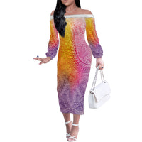 Hawaiian Turtles and Leis Off The Shoulder Long Sleeve Dress Tribal Kakau Pattern Magical Rainbow Sky LT03 Women Multicolor - Polynesian Pride