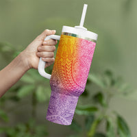 Hawaiian Turtles and Leis Tumbler With Handle Tribal Kakau Pattern Magical Rainbow Sky LT03 - Polynesian Pride