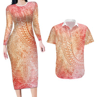 Hawaiian Turtles and Leis Couples Matching Long Sleeve Bodycon Dress and Hawaiian Shirt Tribal Kakau Pattern Peach Fuzz Color LT03 Peach Fuzz - Polynesian Pride