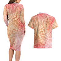 Hawaiian Turtles and Leis Couples Matching Long Sleeve Bodycon Dress and Hawaiian Shirt Tribal Kakau Pattern Peach Fuzz Color LT03 - Polynesian Pride
