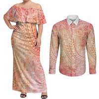 Hawaiian Turtles and Leis Couples Matching Off Shoulder Maxi Dress and Long Sleeve Button Shirt Tribal Kakau Pattern Peach Fuzz Color LT03 Peach Fuzz - Polynesian Pride