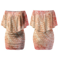 Hawaiian Turtles and Leis Couples Matching Off Shoulder Short Dress and Hawaiian Shirt Tribal Kakau Pattern Peach Fuzz Color LT03 - Polynesian Pride
