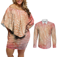 Hawaiian Turtles and Leis Couples Matching Off Shoulder Short Dress and Long Sleeve Button Shirt Tribal Kakau Pattern Peach Fuzz Color LT03 Peach Fuzz - Polynesian Pride