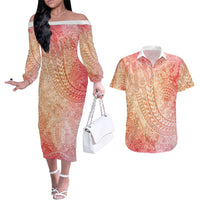 Hawaiian Turtles and Leis Couples Matching Off The Shoulder Long Sleeve Dress and Hawaiian Shirt Tribal Kakau Pattern Peach Fuzz Color LT03 Peach Fuzz - Polynesian Pride