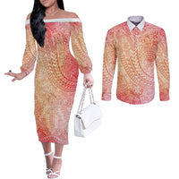 Hawaiian Turtles and Leis Couples Matching Off The Shoulder Long Sleeve Dress and Long Sleeve Button Shirt Tribal Kakau Pattern Peach Fuzz Color LT03 Peach Fuzz - Polynesian Pride