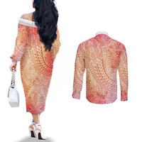 Hawaiian Turtles and Leis Couples Matching Off The Shoulder Long Sleeve Dress and Long Sleeve Button Shirt Tribal Kakau Pattern Peach Fuzz Color LT03 - Polynesian Pride