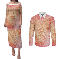 Hawaiian Turtles and Leis Couples Matching Puletasi and Long Sleeve Button Shirt Tribal Kakau Pattern Peach Fuzz Color LT03 Peach Fuzz - Polynesian Pride
