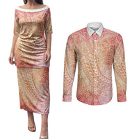 Hawaiian Turtles and Leis Couples Matching Puletasi and Long Sleeve Button Shirt Tribal Kakau Pattern Peach Fuzz Color LT03 Peach Fuzz - Polynesian Pride