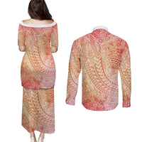 Hawaiian Turtles and Leis Couples Matching Puletasi and Long Sleeve Button Shirt Tribal Kakau Pattern Peach Fuzz Color LT03 - Polynesian Pride