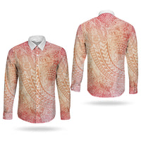 Hawaiian Turtles and Leis Couples Matching Puletasi and Long Sleeve Button Shirt Tribal Kakau Pattern Peach Fuzz Color LT03 - Polynesian Pride