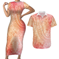 Hawaiian Turtles and Leis Couples Matching Short Sleeve Bodycon Dress and Hawaiian Shirt Tribal Kakau Pattern Peach Fuzz Color LT03 Peach Fuzz - Polynesian Pride