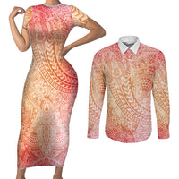Hawaiian Turtles and Leis Couples Matching Short Sleeve Bodycon Dress and Long Sleeve Button Shirt Tribal Kakau Pattern Peach Fuzz Color LT03 Peach Fuzz - Polynesian Pride