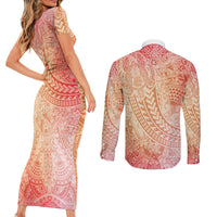 Hawaiian Turtles and Leis Couples Matching Short Sleeve Bodycon Dress and Long Sleeve Button Shirt Tribal Kakau Pattern Peach Fuzz Color LT03 - Polynesian Pride
