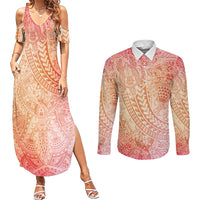 Hawaiian Turtles and Leis Couples Matching Summer Maxi Dress and Long Sleeve Button Shirt Tribal Kakau Pattern Peach Fuzz Color LT03 Peach Fuzz - Polynesian Pride