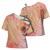 Hawaiian Turtles and Leis Cross Shoulder Shirt Tribal Kakau Pattern Peach Fuzz Color LT03 - Polynesian Pride