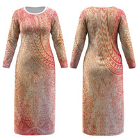 Hawaiian Turtles and Leis Family Matching Long Sleeve Bodycon Dress and Hawaiian Shirt Tribal Kakau Pattern Peach Fuzz Color LT03 Mom's Dress Peach Fuzz - Polynesian Pride