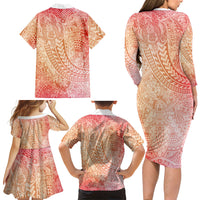 Hawaiian Turtles and Leis Family Matching Long Sleeve Bodycon Dress and Hawaiian Shirt Tribal Kakau Pattern Peach Fuzz Color LT03 - Polynesian Pride