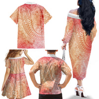 Hawaiian Turtles and Leis Family Matching Off The Shoulder Long Sleeve Dress and Hawaiian Shirt Tribal Kakau Pattern Peach Fuzz Color LT03 - Polynesian Pride
