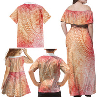 Hawaiian Turtles and Leis Family Matching Off Shoulder Maxi Dress and Hawaiian Shirt Tribal Kakau Pattern Peach Fuzz Color LT03 - Polynesian Pride