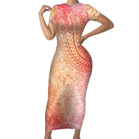 Hawaiian Turtles and Leis Family Matching Short Sleeve Bodycon Dress and Hawaiian Shirt Tribal Kakau Pattern Peach Fuzz Color LT03 Mom's Dress Peach Fuzz - Polynesian Pride