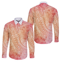 Hawaiian Turtles and Leis Family Matching Tank Maxi Dress and Hawaiian Shirt Tribal Kakau Pattern Peach Fuzz Color LT03 Dad's Shirt - Long Sleeve Peach Fuzz - Polynesian Pride