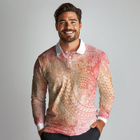 Hawaiian Turtles and Leis Long Sleeve Polo Shirt Tribal Kakau Pattern Peach Fuzz Color LT03 - Polynesian Pride