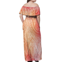 Hawaiian Turtles and Leis Off Shoulder Maxi Dress Tribal Kakau Pattern Peach Fuzz Color LT03 - Polynesian Pride
