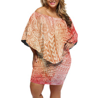 Hawaiian Turtles and Leis Off Shoulder Short Dress Tribal Kakau Pattern Peach Fuzz Color LT03 Women Peach Fuzz - Polynesian Pride