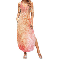 Hawaiian Turtles and Leis Summer Maxi Dress Tribal Kakau Pattern Peach Fuzz Color LT03 Women Peach Fuzz - Polynesian Pride