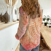 Hawaiian Turtles and Leis Women Casual Shirt Tribal Kakau Pattern Peach Fuzz Color LT03 - Polynesian Pride