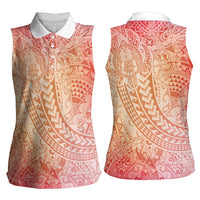 Hawaiian Turtles and Leis Women Sleeveless Polo Shirt Tribal Kakau Pattern Peach Fuzz Color LT03 - Polynesian Pride