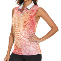 Hawaiian Turtles and Leis Women Sleeveless Polo Shirt Tribal Kakau Pattern Peach Fuzz Color LT03 - Polynesian Pride