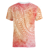 Hawaiian Turtles and Leis Women V-Neck T-Shirt Tribal Kakau Pattern Peach Fuzz Color LT03 - Polynesian Pride