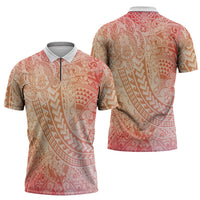 Hawaiian Turtles and Leis Zipper Polo Shirt Tribal Kakau Pattern Peach Fuzz Color LT03 - Polynesian Pride