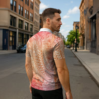 Hawaiian Turtles and Leis Zipper Polo Shirt Tribal Kakau Pattern Peach Fuzz Color LT03 - Polynesian Pride