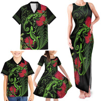 New Zealand Chameleon and Gecko Family Matching Tank Maxi Dress and Hawaiian Shirt Maori Silver Fern and Pohutukawa Decoration LT03 - Polynesian Pride