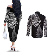 Personalised New Zealand Maori Art Tattoo and Silver Fern Couples Matching Off The Shoulder Long Sleeve Dress and Long Sleeve Button Shirt