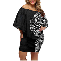 Polynesian Art Traditional Tattoo Pattern Family Matching Off Shoulder Short Dress and Hawaiian Shirt LT03 Mom's Dress Black - Polynesian Pride