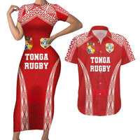Custom Tonga Pacific Rugby 2024 Couples Matching Short Sleeve Bodycon Dress and Hawaiian Shirt Ngatu Tribal Pattern